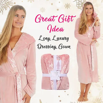 * Ladies Womens Long Dressing Gown Bathrobe Hooded Velour Trim Gift Present Idea • £24.29