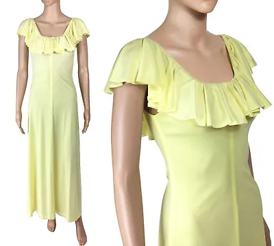 Vintage 70s Yellow Ruffled Draped Neckline Collar Boho Stretch Maxi Dress XS-S • $24.99