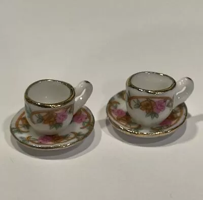 Miniature Set Of 2 Dresden Rose Tea Cups With Saucers In Gold Trimmed Porcelain • $3.99