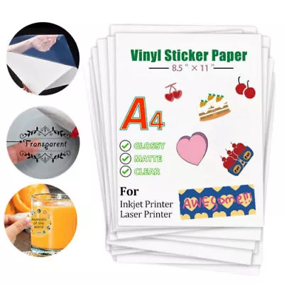 8.5 X11 Vinyl Sticker Paper Glossy Matte Clear Waterproof Printable Inkjet Laser • $9.89