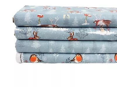 £7.65 • Buy Grey Christmas Cotton Fabric Winter Moon Robin Woodland Reindeer For Patchwork