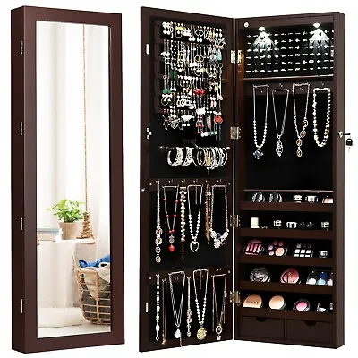 Mirrored Jewelry Cabinet Lockable Wall/Door Mounted Jewelry Armoire Organizer • £59.95