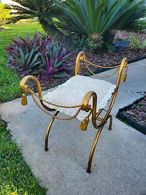 Vintage Italy Hollywood Regency Gilt Iron Metal Rope & Tassel Stool Bench Chair • $365.95