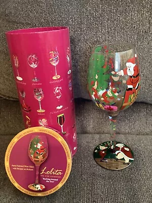 Vintage Lolita Hand Painted Christmas SANTA ROCKING AROUND THE TREE Wine Glass • £18.34