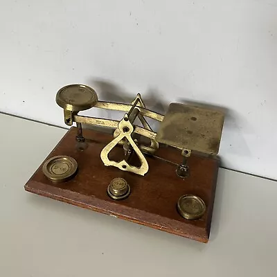 Antique Brass & Wood Small Postal Postage Letter Scales With Weights Vintage • $46.86