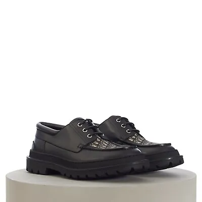 DIOR 1100$ Black Leather Explorer Boat Shoes - Oblique Jacquard Upper • $770