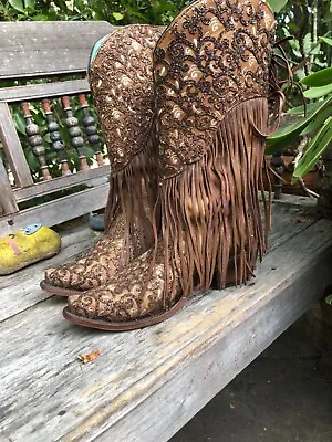 Corral Ladies Honey Lamb Overlay & Fringes Western Boots C3876 Pre-Owned • $129.99