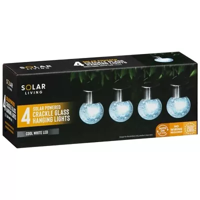 Outdoor Crackle Glass Hanging Lights Cool White Led Garden Solar Powered Set 4 • £16.99