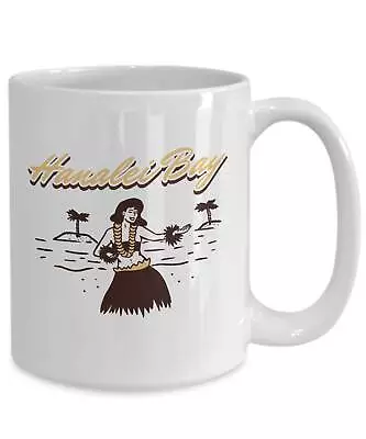 Vintage Hanalei Bay Beach Hawaii Surfer Hula Girl Palm Trees White Gift Mug • $26.99