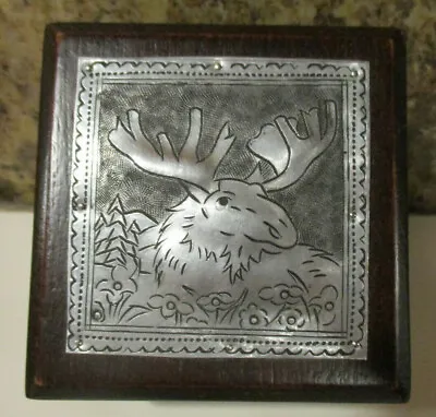Handcrafted Mango Wood Thailand Square Moose Trinket Box Repousse Silver Lid • $6.99
