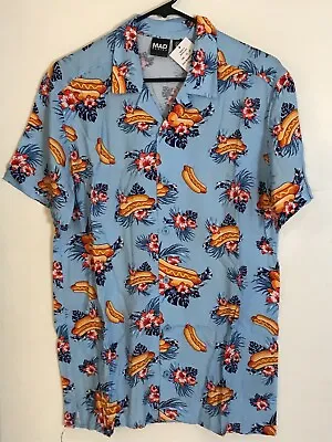 S Men's MAD ENGINE Vintage Sky Blue Hot Dogs Rayon Hawaiian Shirt NEW WITH TAGS • $16