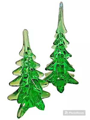 2 Vintage Crystal Green Glass Art Glass Christmas Tree Figurine • $46.71