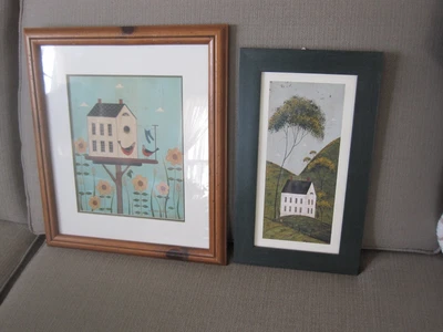 $24.99 • Buy Warren Kimble  FOLK ART House On A Hill   & Birdhouse  With Flowers  Framed Wall