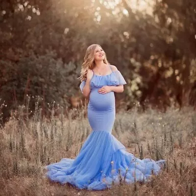 Maternity Dress Ruffles Gown Photo Prop Baby Shower Off Shoulder Blue Large • £28.95