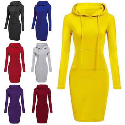 £13.37 • Buy Womens Long Sleeve Hooded Sweatshirt Dress Ladies Solid Slim Hoodie Midi Dresses