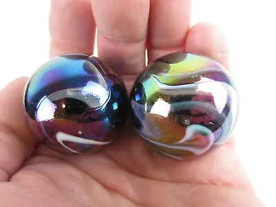 2 BOULDERS 35mm  MILKY WAY Marbles Glass Ball Oil Slick LARGE HUGE Swirl • $12.95