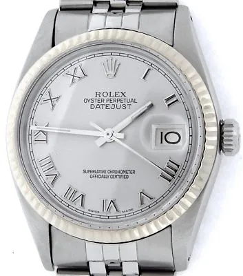 Mens Rolex Datejust Stainless Steel 18K White Gold Watch Silver Roman Dial 16014 • $4913.98