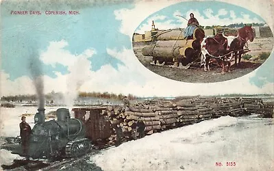 Postcard ~ Copemish Michigan Hauling Logs W/ Steam Tractor & Oxen Pioneer Days • $4.95