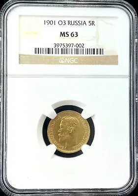 1901 O3 Russian 5 Roubles Nicholas II Gold Coin NGC MS 63 • $950