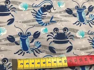 Cute Cheerful Crab Prawn Lobster Sea Theme Cotton Jersey Fabric Blue Kids • £10.50