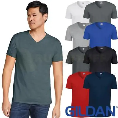 Gildan V-Neck T-Shirt Mens Short Sleeve Plain Ringspun Cotton Softstyle Tee Top • £6.50