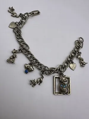 Vintage Cat & Mouse Charm Bracelet Gold Tone W/ Glass Beads 7  • $19.99