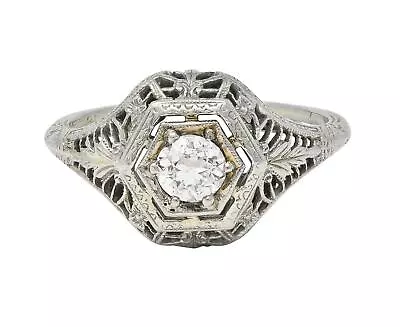 Art Deco Old European Cut Diamond Platinum Floral Vintage Engagement Ring • $2075