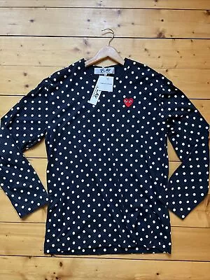 £70 • Buy PLAY Comme Des Garcons CDG Long Sleeve Navy White Polka Dot Shirt XL