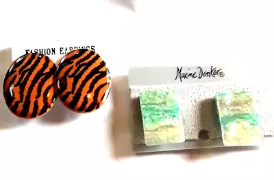 Acrylic Clip On Womens Hugger Earrings Green Tiger Flat Round Square Plastic • $5