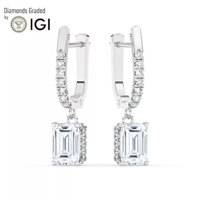 IGI2 CT Emerald Cut Lab-Grown Diamond Hidden Halo Hoops Earrings18K White Gold • £1310