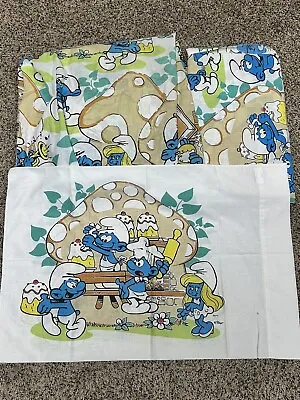 Smurfs Twin Sheet Set - Flat Fitted Pillowcase - Vintage Lawtex • $44.95