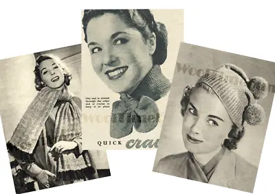 3 X Knitting Patterns Lady's 1940s Bobble Hat Cravat & Diamond Design Scarf. • £1.80