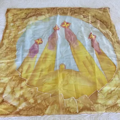 Vintage 34  Sq Batik Malaysia Yellow Hand Painted Batik Silk Scarf Floral I31 • $10