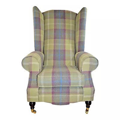 Wing Back Fireside Queen Anne Chair Extra Tall High Back Pistashio Green Tartan  • £619