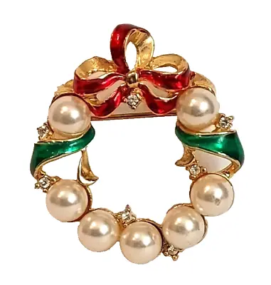 Vintage Christmas Wreath Pin Faux Pearls • $12.99