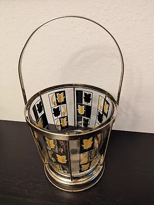 Vintage MID-CENTURY GLASS ICE BUCKET W/ CARRIER Barware Gold Black Leaves • $14