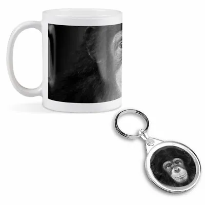 Mug & Round Keyring Set - BW - Cheeky Chimpanzee Monkey  #36178 • £9.99