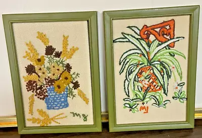 Crewel Embroidered Framed Floral Pictures 5”X 7” Vintage HANDMADE • $29.95