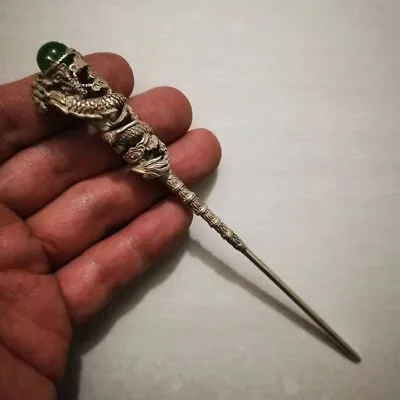 Vintage Chinese Miao Silver Inlay Jade Dragon Hairpin • $26.50