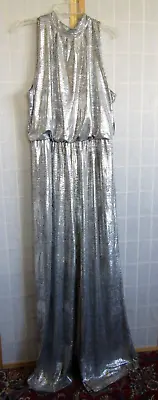 NWT NY&C Silver Metallic Sleeveless Jumpsuit Open Back Tie Women's Size L Tall • $39.99