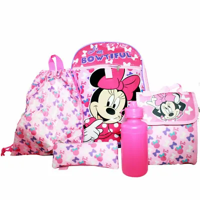 Disney Minnie Mouse 5PC Set Backpack Lunch & Cinch Bag Pencil Pouch Water Bottle • £22.52