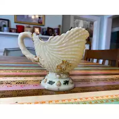 VINTAGE Small Creamer Pitcher Northwood Sea Pattern Shell Ivory Gold Nautical • $14.99