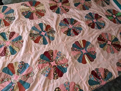 Vintage Pink And Teal Dresden Plate Quilt Top  75x90 Twin Possibly Full • $55