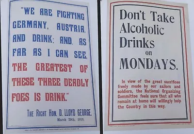 2x Wartime Home Front Posters: Alcohol Deadly Foe Don't Drink Mondays 1915 War • £8.99