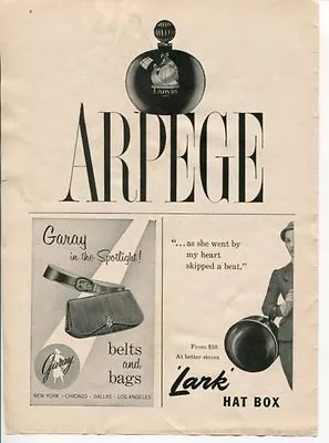 Lanvin Arpege Perfume Garay Belts And Bag Lark Hat 1950's Original Vintage Ad • $9.99