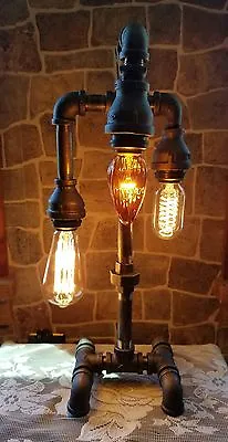 Retro Industrial Pipe DeskTable 3 Bulbs Steampunk Edison USA • $190