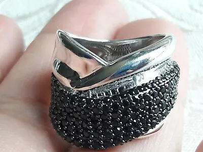 UNIQUE 925 Sterling Silver BLACK (Onyx) Stones MICRO PAVE SET Ladies RING Size 5 • $44