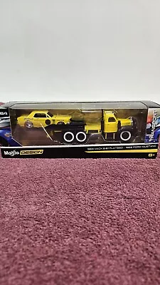Maisto 2022 1953 Mack B 61 Flatbed Towtruck & 1965 Ford Mustang Car  1:64 Scale • $17