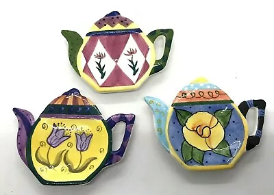 Milson & Louis Hand Painted Floral Ceramic Teapot Tea Bag Spoon Holder Set Of 3 • $39.95