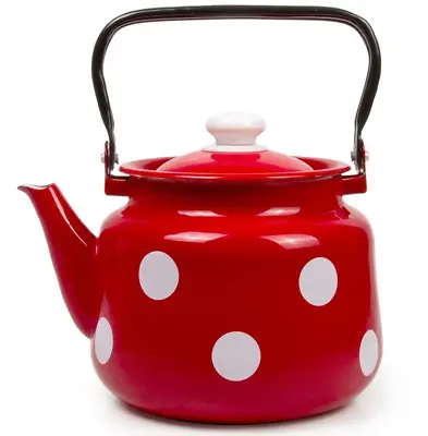 Red Polka Dot Enamel Teapot Stovetop Kettle Vintage Enameled Tea Pot 3.7-qt • $40.95